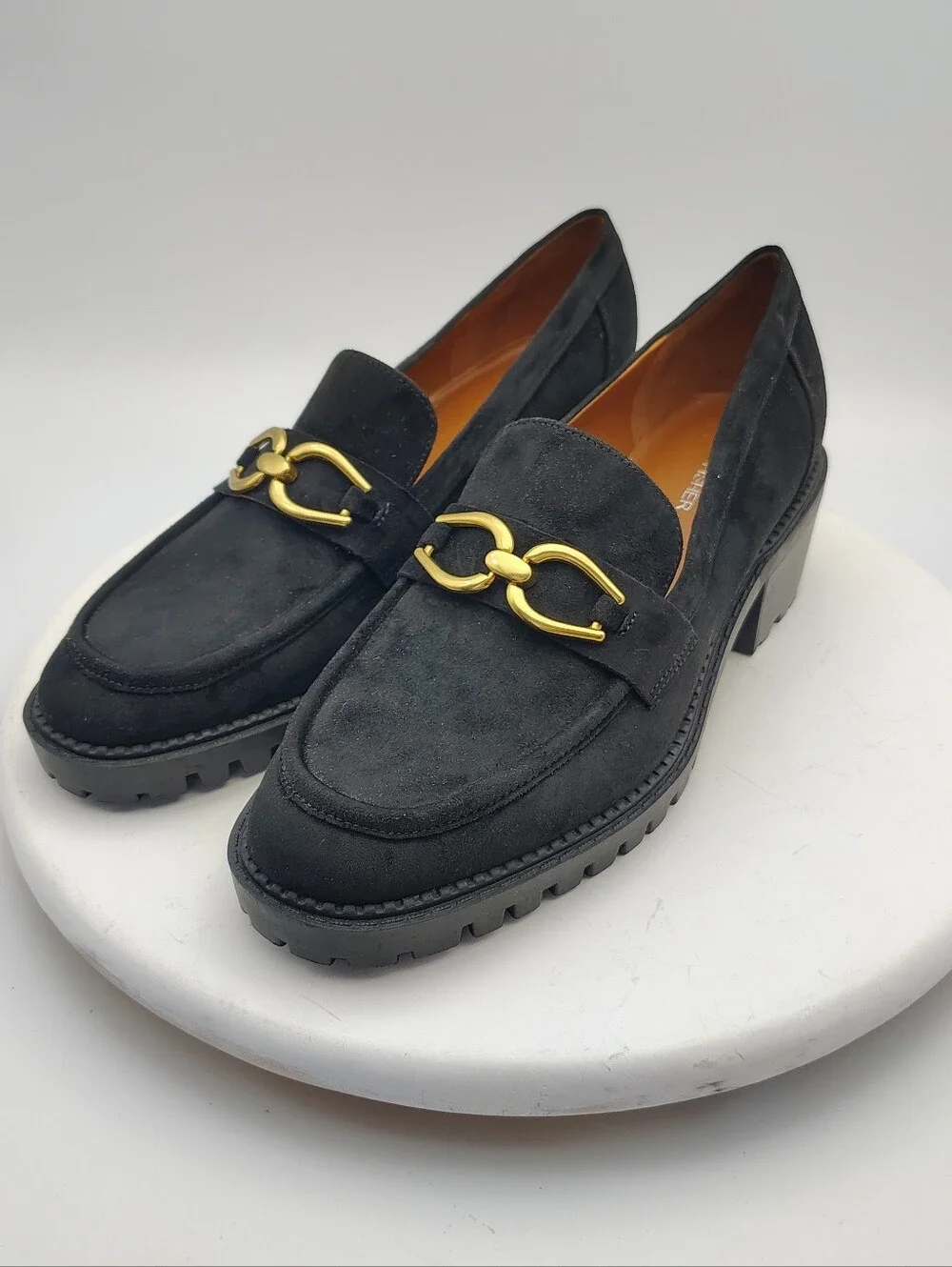 New Marc Fisher Black Suede Lug Sole Loafers with Gold Hardware Accents Size 9.5